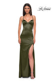 Picture of: Fitted Simple Satin Prom Dress with Lace Up Back in Olive , Style 33010, Detail Picture 1