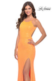 Picture of: High Neck Long Sequin Gown with Open Back in Orange, Style: 30635, Detail Picture 8