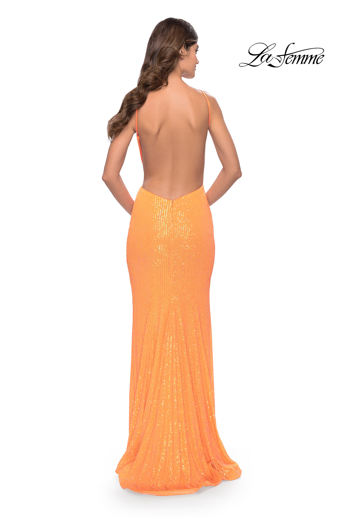 Picture of: High Neck Long Sequin Gown with Open Back in Orange, Style: 30635, Detail Picture 9