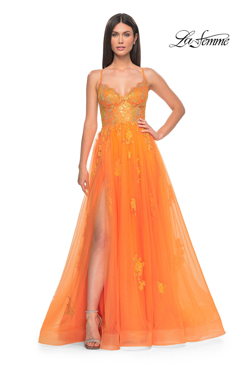 Picture of: A-Line Tulle Gown with Scallop Detail Bodice and Lace Applique in Orange, Style: 32028, Detail Picture 9
