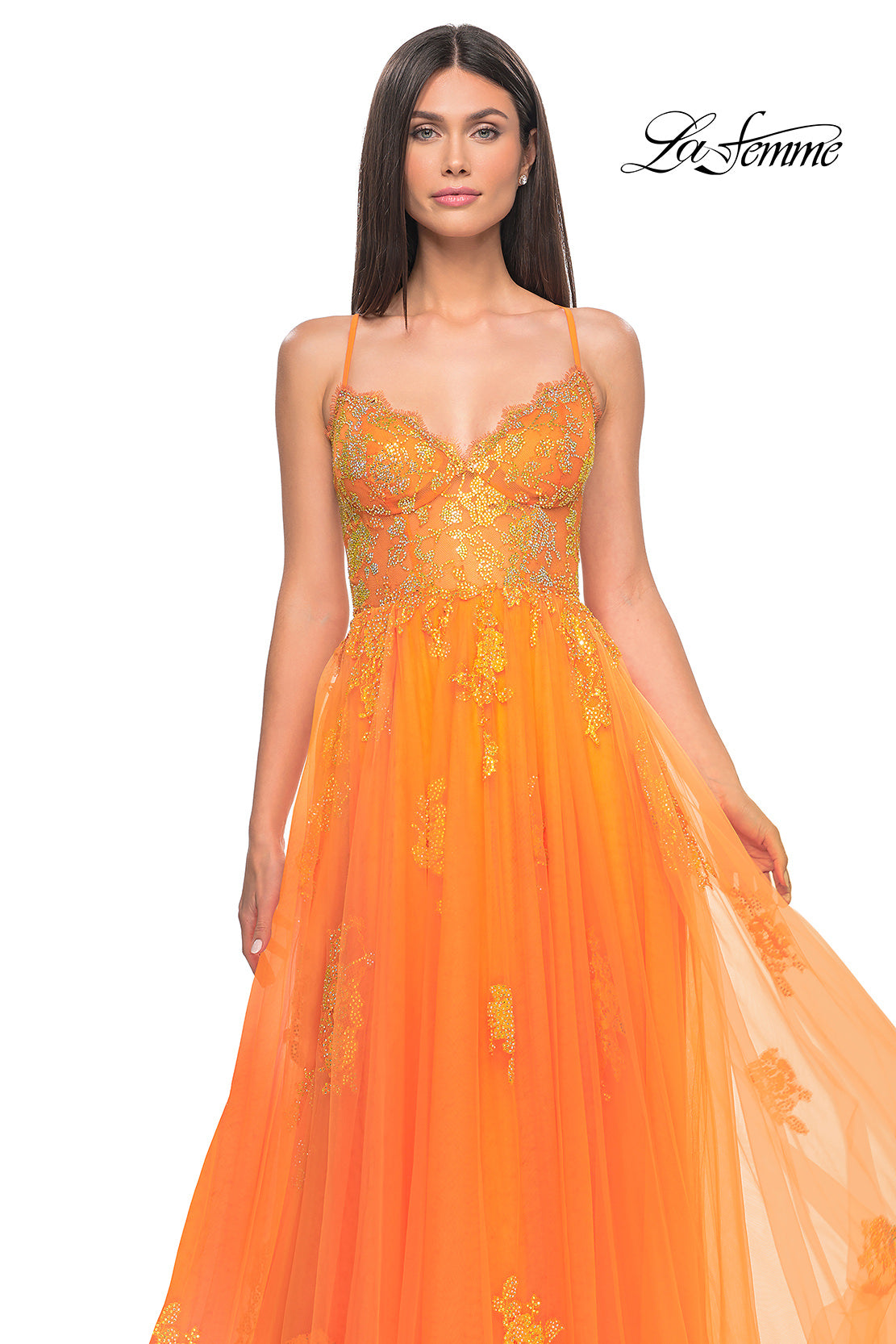 Picture of: A-Line Tulle Gown with Scallop Detail Bodice and Lace Applique in Orange, Style: 32028, Detail Picture 11