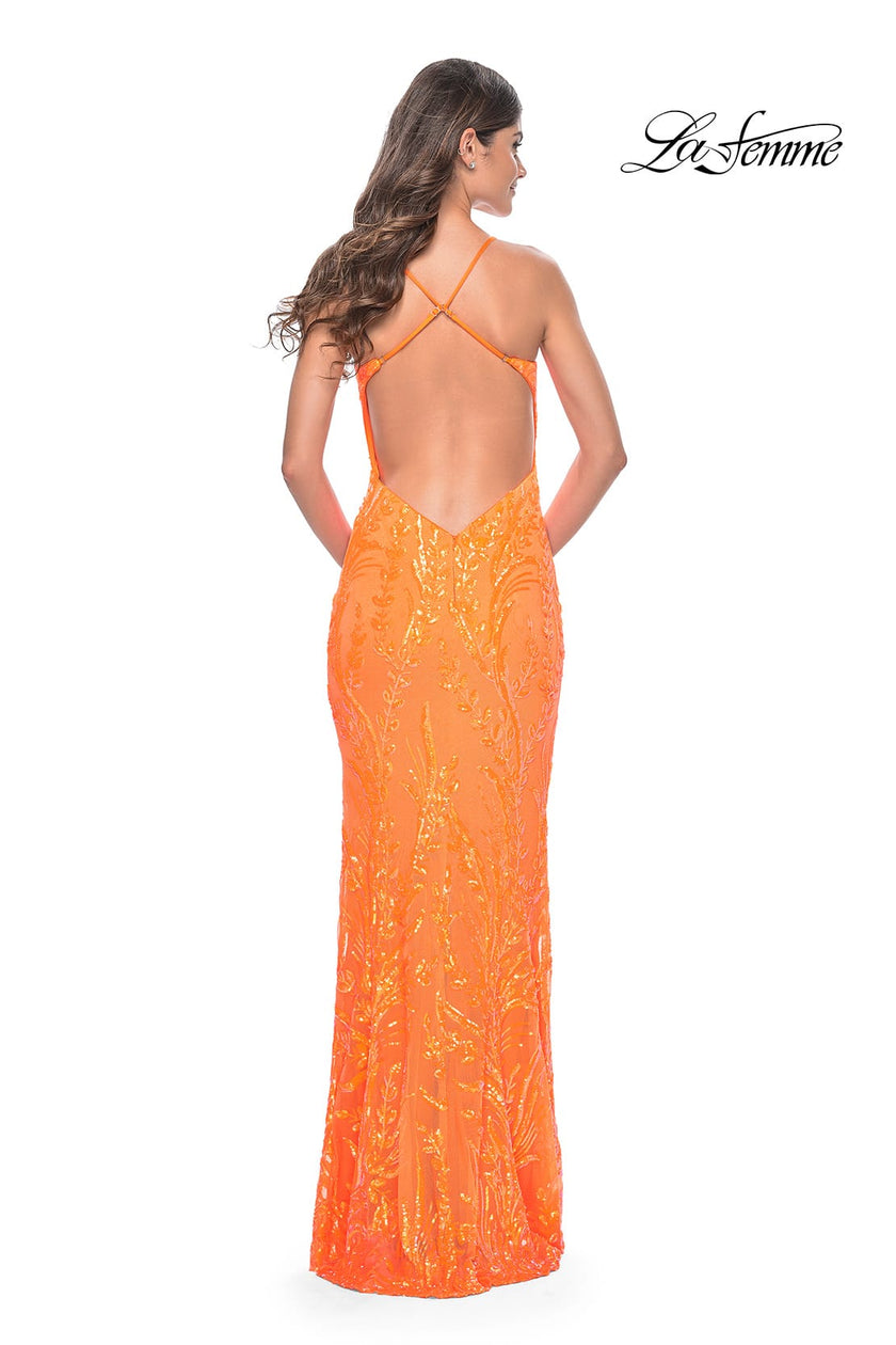 Picture of: Neon Fitted Print Sequin Pastel Prom Dress in Orange, Style: 32343, Back Picture