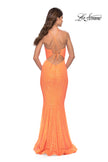 Picture of: Fitted Stretch Sequin Dress with Open Back and Defined Cups in Neon in Orange, Style: 31199, Detail Picture 2