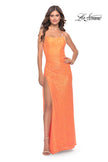 Picture of: Ruched Sequin Prom Dress with High Side Slit in Orange, Style: 31405, Detail Picture 2