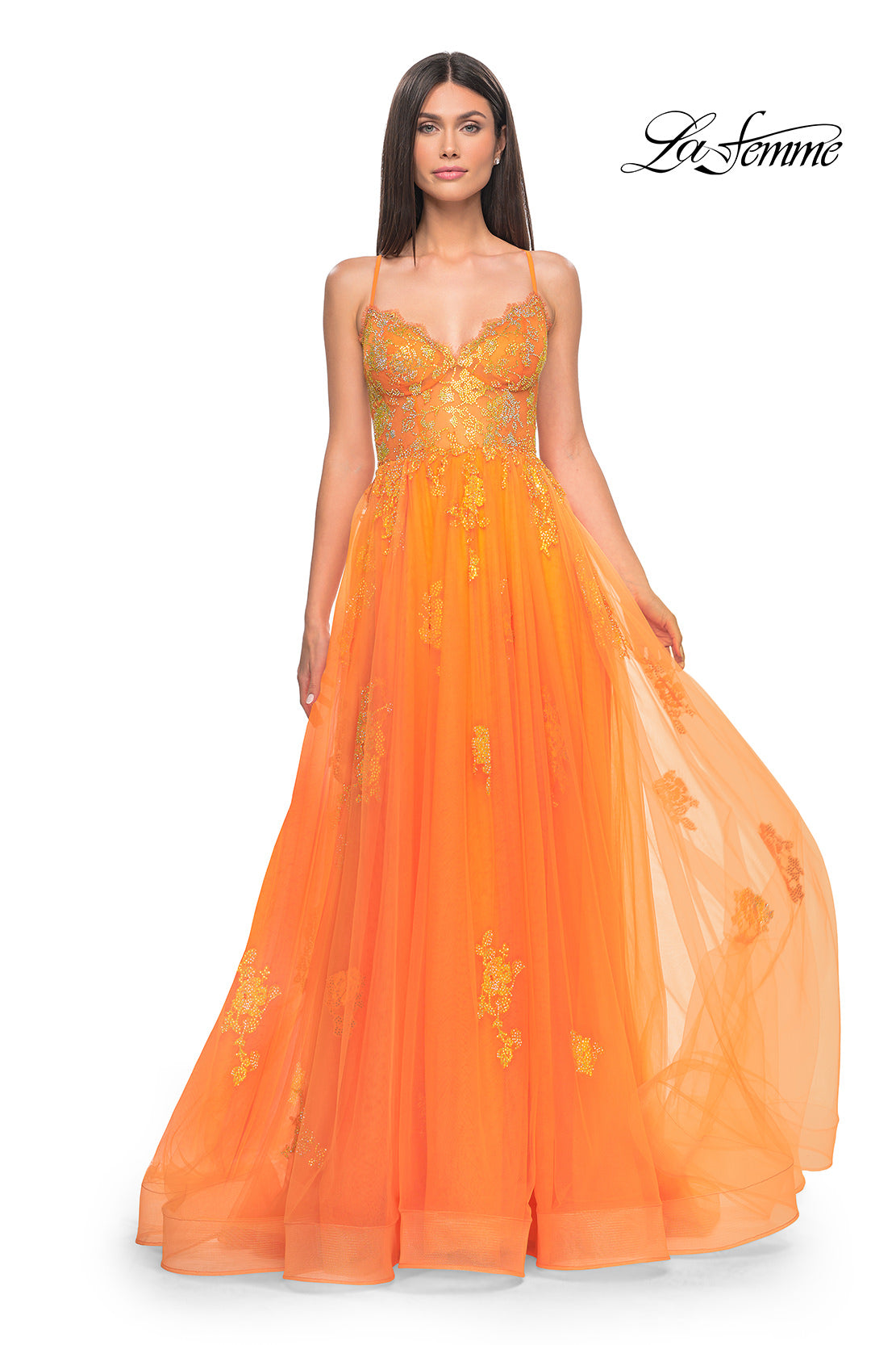 Picture of: A-Line Tulle Gown with Scallop Detail Bodice and Lace Applique in Orange, Style: 32028, Detail Picture 2