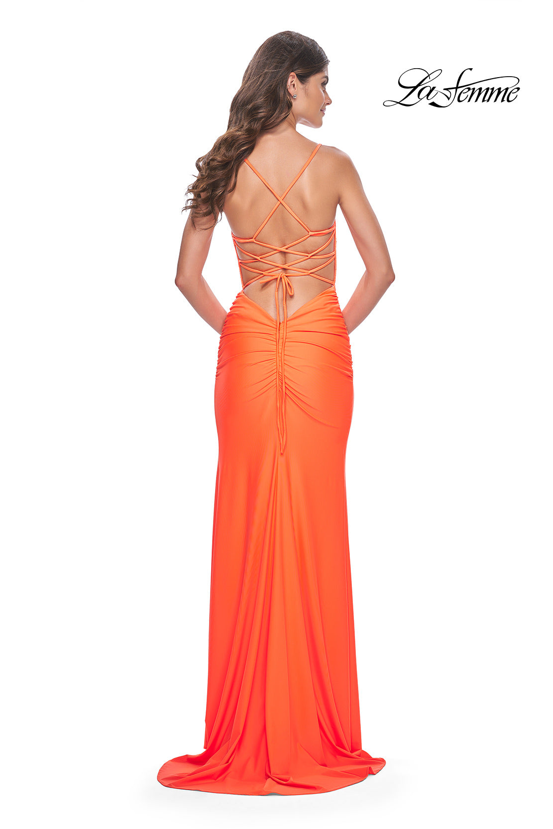 Picture of: Neon Illusion Lace Bodice Prom Dress with Rhinestones in Orange, Style: 32321, Detail Picture 5