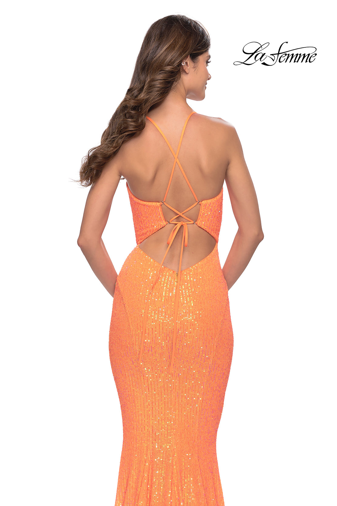Picture of: Fitted Stretch Sequin Dress with Open Back and Defined Cups in Neon in Orange, Style: 31199, Detail Picture 6