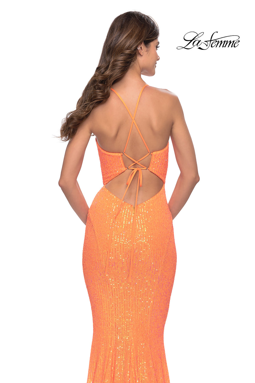 Picture of: Fitted Stretch Sequin Dress with Open Back and Defined Cups in Neon in Orange, Style: 31199, Detail Picture 6