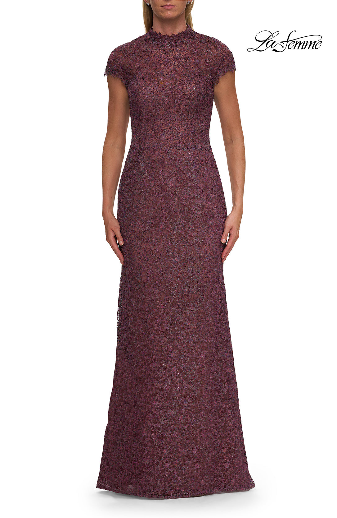 Picture of: High Neck Cap Sleeve Lace Evening Gown in Orchid, Style: 33729, Main Picture
