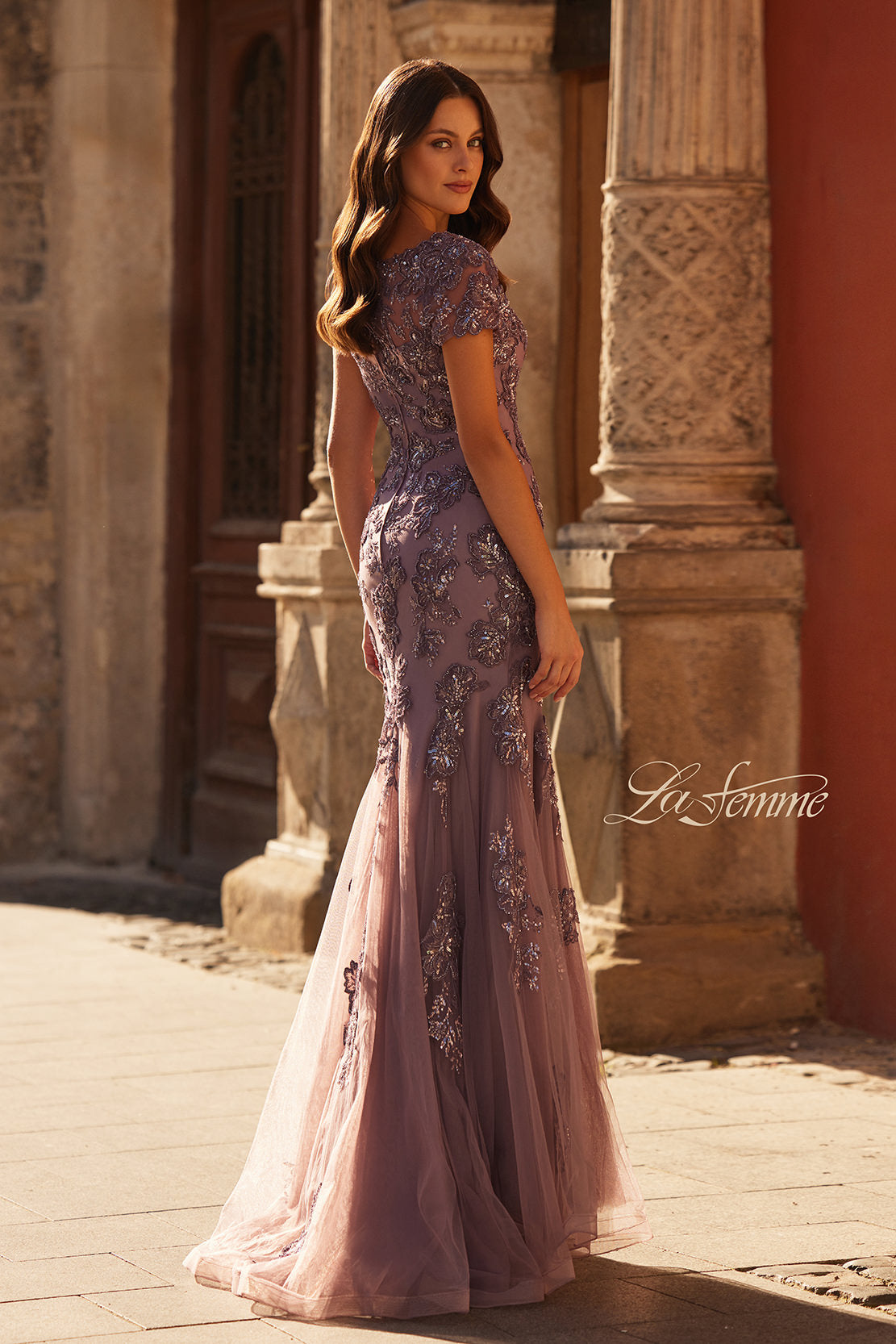 Picture of: Trumpet Mother of the Bride Dress with Beaded Lace Applique in Orchid, Style: 32940, Back Picture