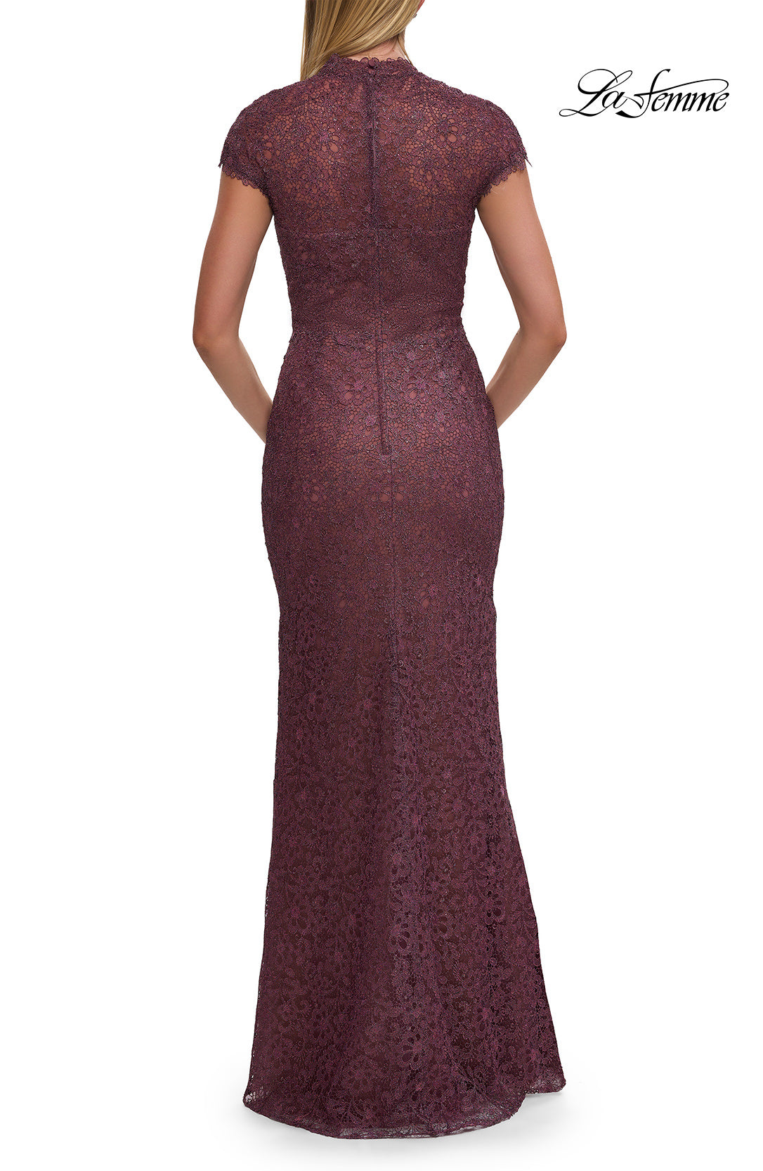 Picture of: High Neck Cap Sleeve Lace Evening Gown in Orchid, Style: 33729, Back Picture