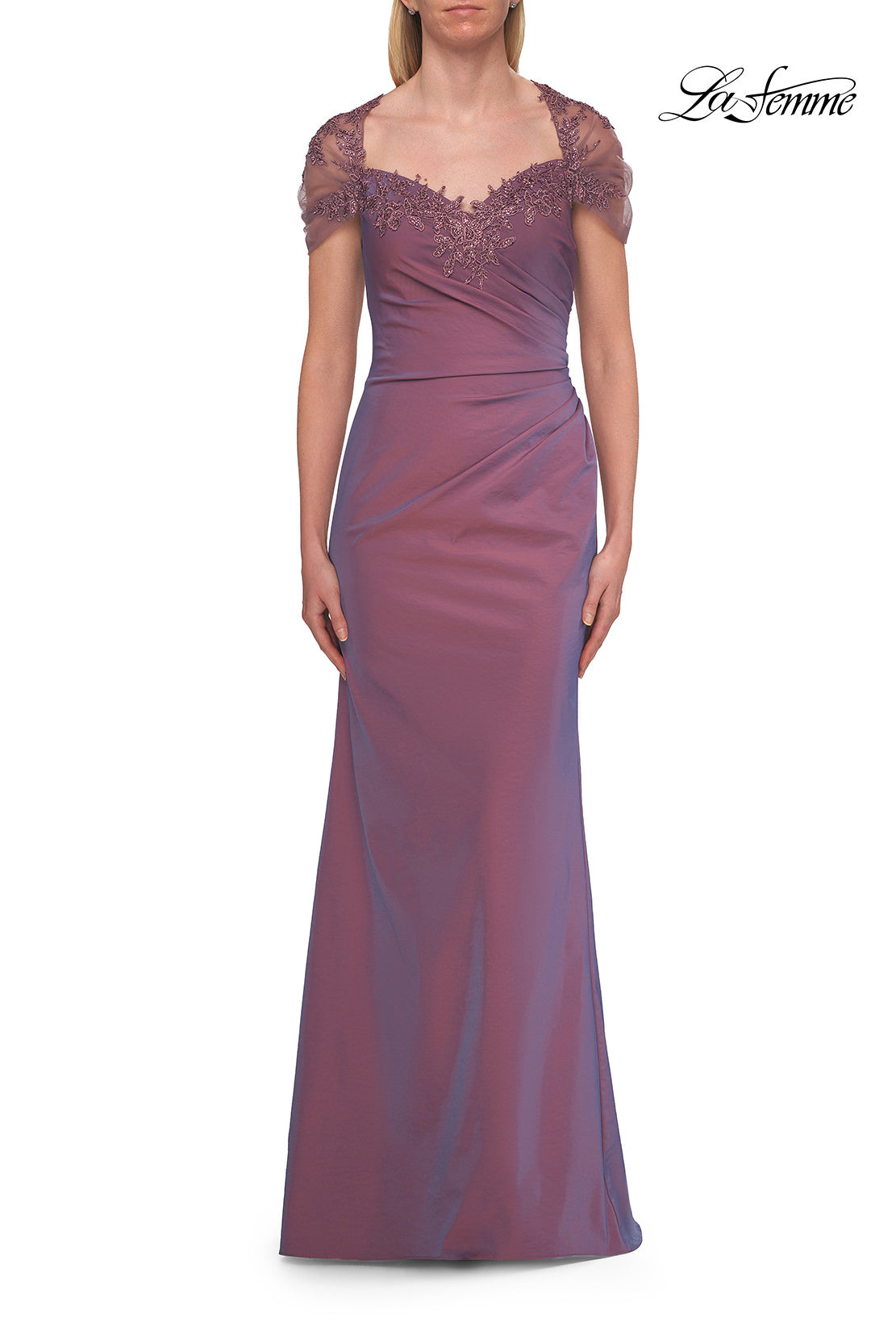 Picture of: Embroidered Lace Sleeve Gown with Keyhole Back in Orchid, Style: 33579, Detail Picture 3