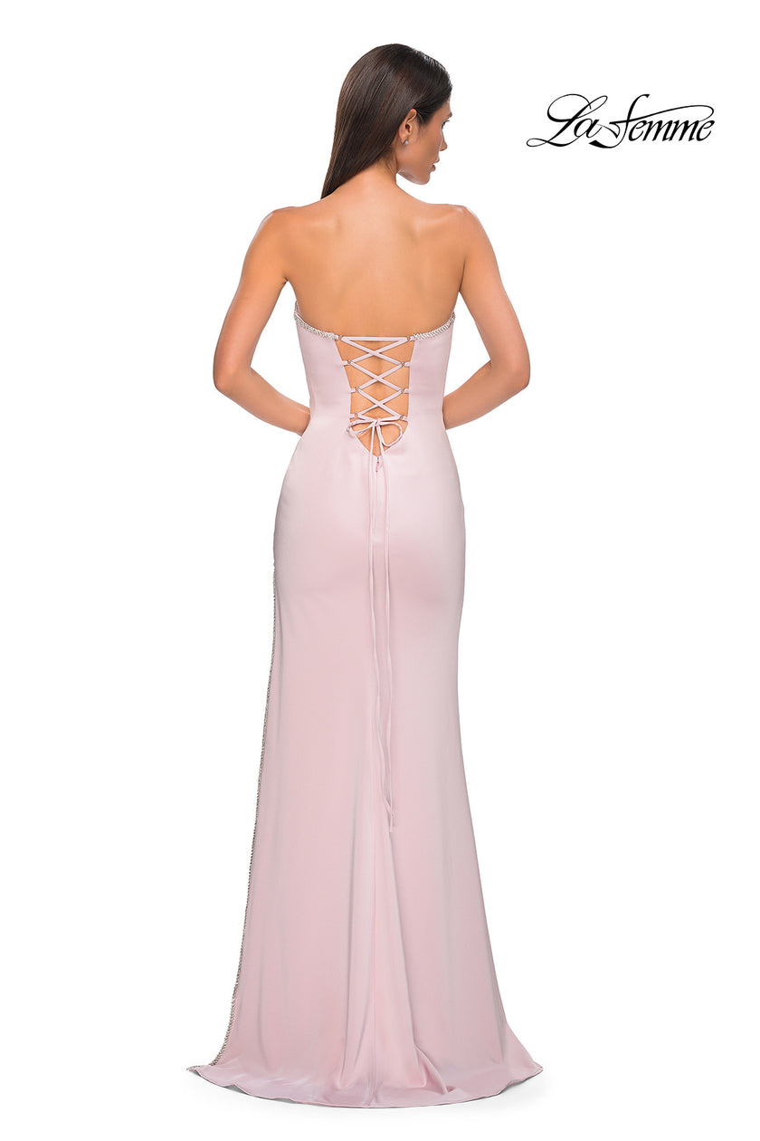 Picture of: Fitted Strapless Dress with Rhinestone Embellished Neckline and Slit in Orchid Pink, Style 32799, Detail Picture 13