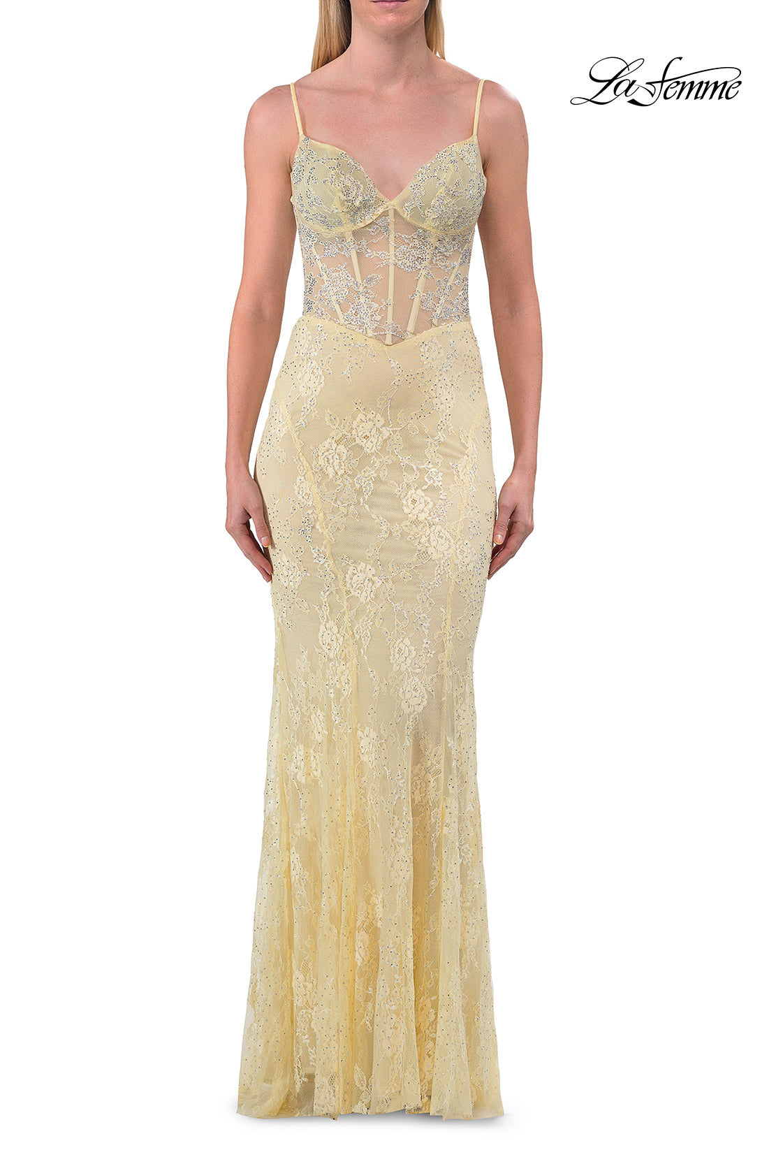 Picture of: Lace Fitted Gown with Sheer Bodice and Spaghetti Straps in Pale Yelllow, Style: 33485, Detail Picture 15