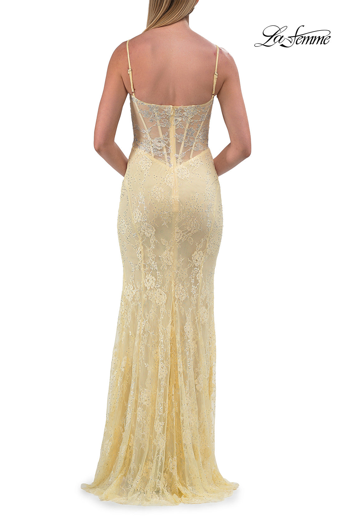Picture of: Lace Fitted Gown with Sheer Bodice and Spaghetti Straps in Pale Yelllow, Style: 33485, Detail Picture 16