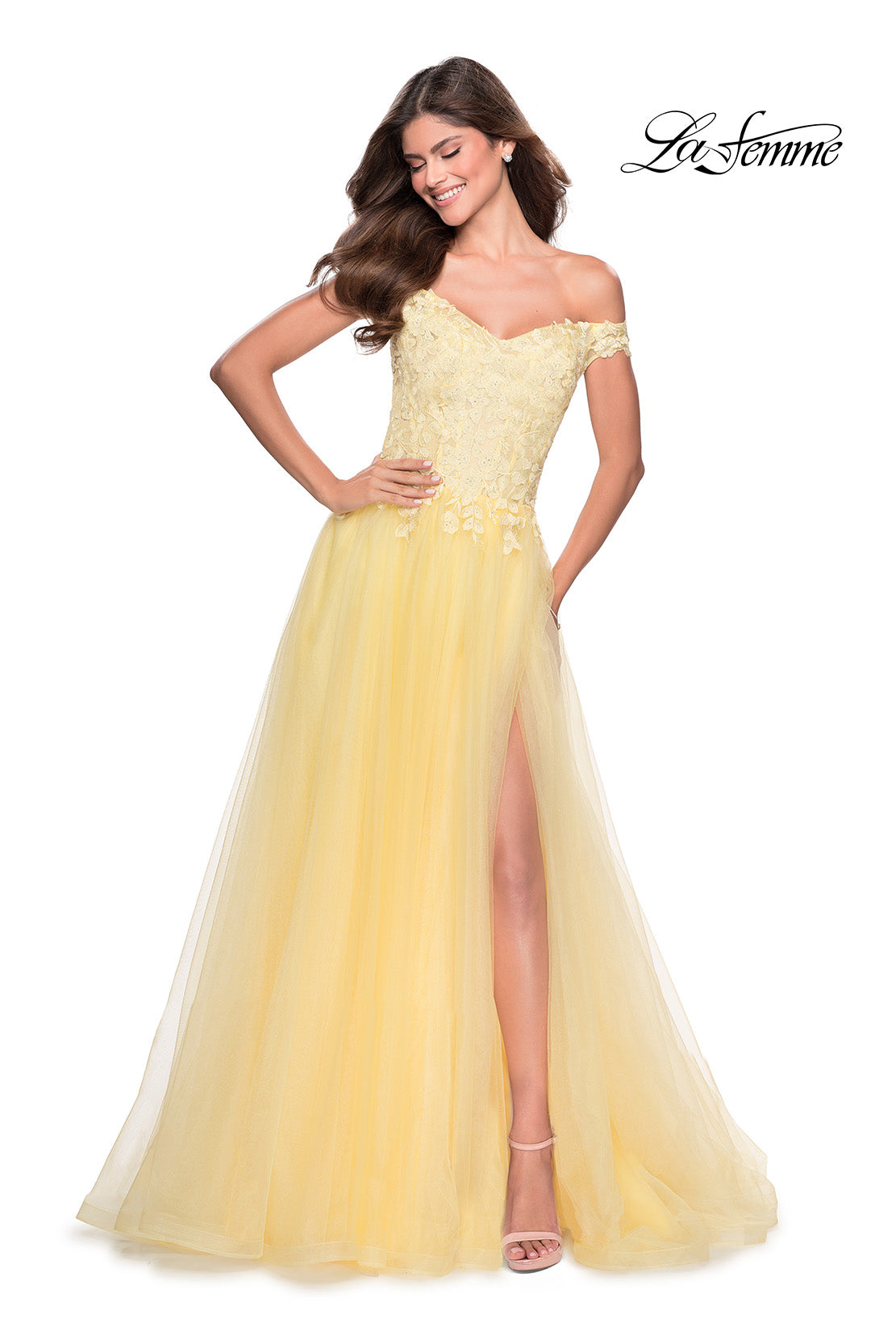 Picture of: Off the Shoulder Tulle Gown with Sheer Floral Bodice in Pale Yellow, Style: 28598, Main Picture