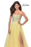 Picture of: Long Tulle Ball Gown with Beaded Bodice and Slit in Pale Yellow, Style: 28530, Detail Picture 8