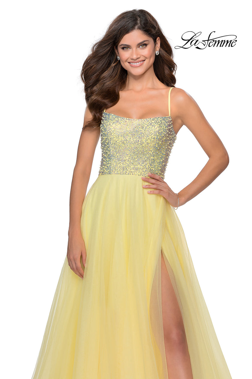 Picture of: Long Tulle Ball Gown with Beaded Bodice and Slit in Pale Yellow, Style: 28530, Detail Picture 8