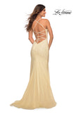 Picture of: Long Jeweled Pastel Prom Gown with Lace Up Back in Pale Yellow, Detail Picture 8