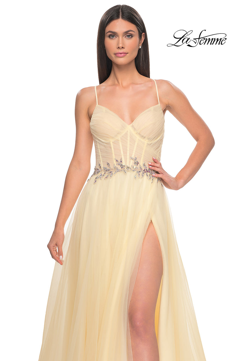 Picture of: A-Line Prom Gown with Ruched Bodice and Rhinestone Belt Detail in Pale Yellow, Style: 32117, Detail Picture 8