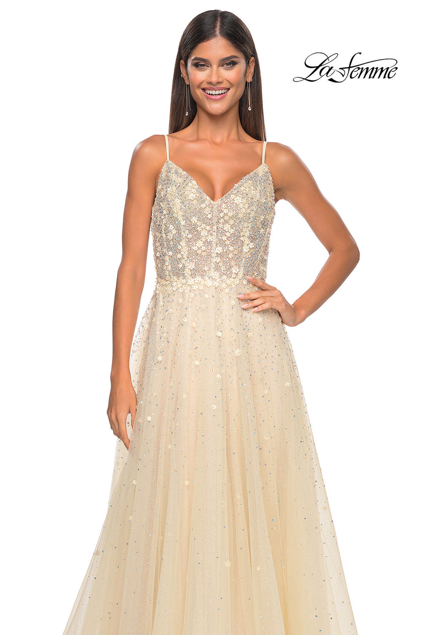Picture of: A-Line Tulle Gown with Unique Floral and Rhinestone Details in Pale Yellow, Style: 32215, Detail Picture 8