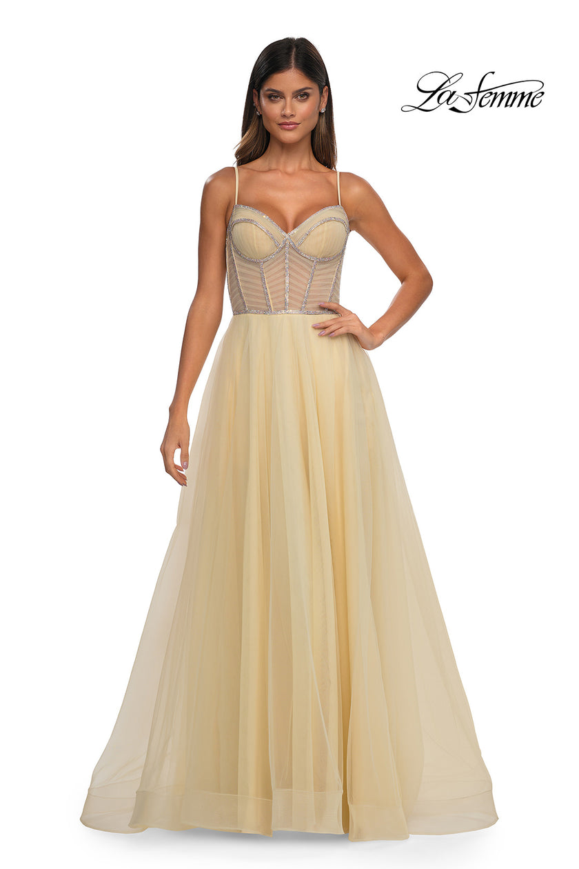 Picture of: Tulle A-line Prom Dress with Rhinestone Detail on Corset Top in Pale Yellow, Style: 32675, Detail Picture 8