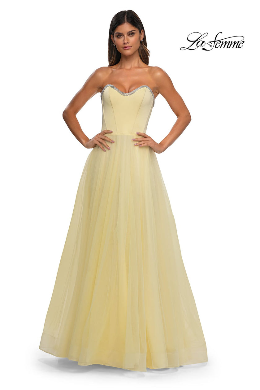 Picture of: A-line Tulle Dress with Satin Top and Rhinestone Neckline in Pale Yellow, Style: 32731, Detail Picture 8