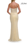 Picture of: Cowl Neck Rhinestone Gown with Side Ruching and High Slit in Pale Yellow, Style: 33272, Detail Picture 8