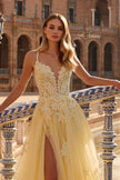 Picture of: Floral Beaded Tulle Gown with Slit and Lace-Up Back in Pale Yellow, Style: 33716, Detail Picture 8