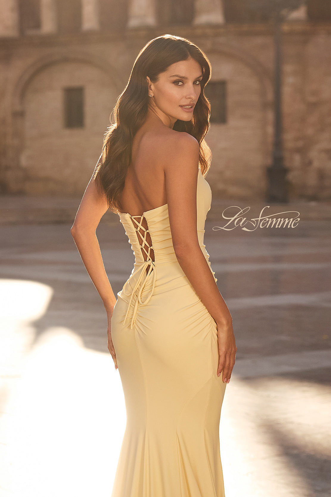 Picture of: Strapless Jersey Mermaid Gown with Ruched Bodice and Lace-Up Back in Pale Yellow, Style: 33864, Detail Picture 8