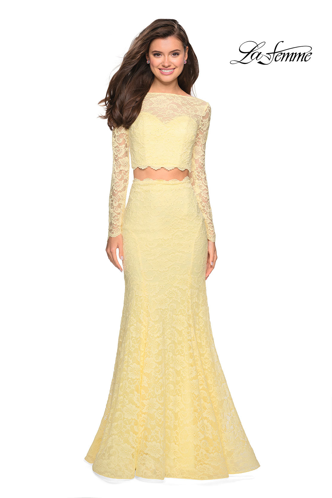 Picture of: Stretch Lace Long Sleeve Two Piece Prom Dress in Pale Yellow, Style: 27601, Detail Picture 9