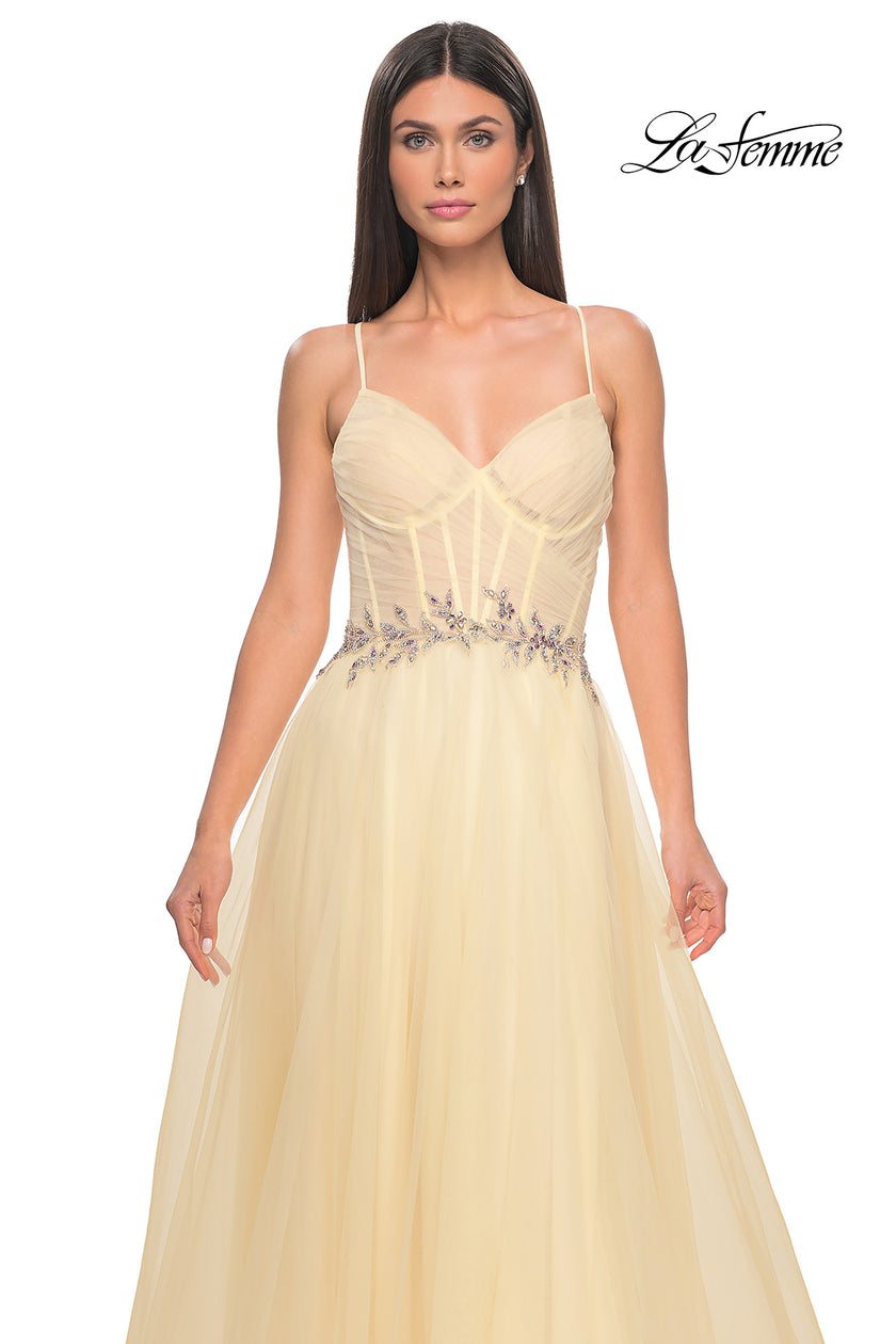 Picture of: A-Line Prom Gown with Ruched Bodice and Rhinestone Belt Detail in Pale Yellow, Style: 32117, Detail Picture 9