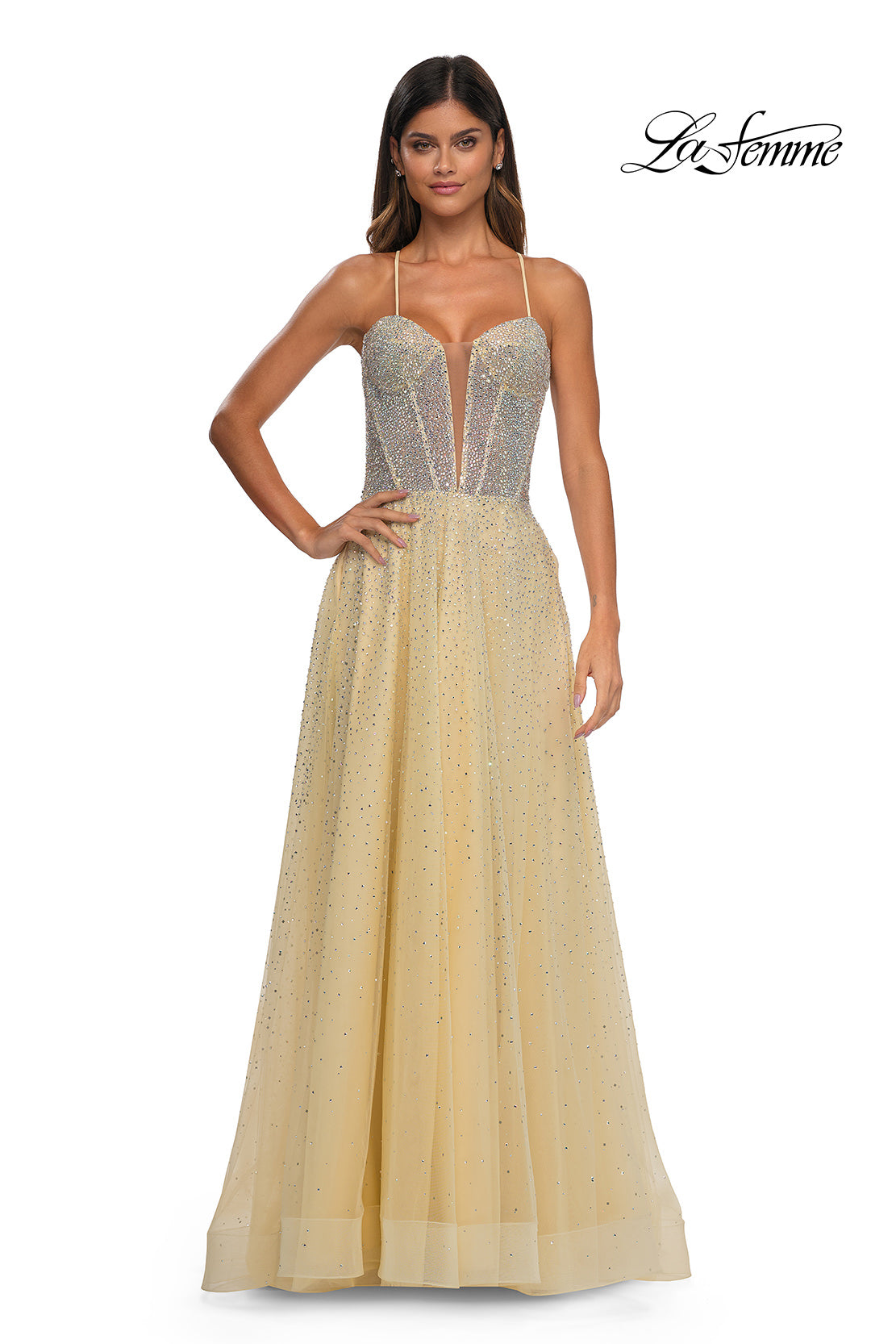 Picture of: Prom Gown with Rhinestone Tulle and Illusion Corset Bodice in Pale Yellow, Style: 32725, Detail Picture 9