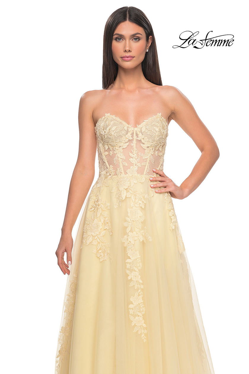 Picture of: Sweetheart Strapless Gown with Beautiful Lace Applique in Pale Yellow, Style: 32082, Detail Picture 10