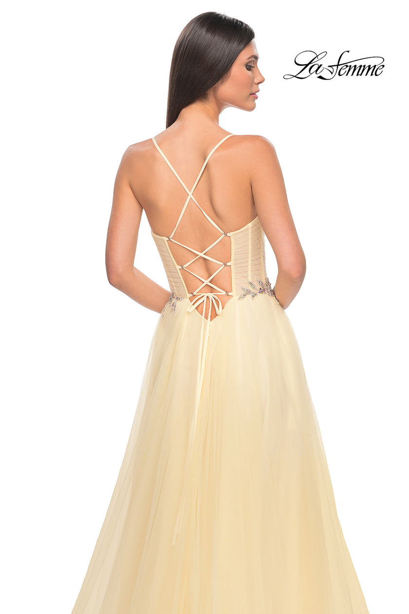 Picture of: A-Line Prom Gown with Ruched Bodice and Rhinestone Belt Detail in Pale Yellow, Style: 32117, Detail Picture 10