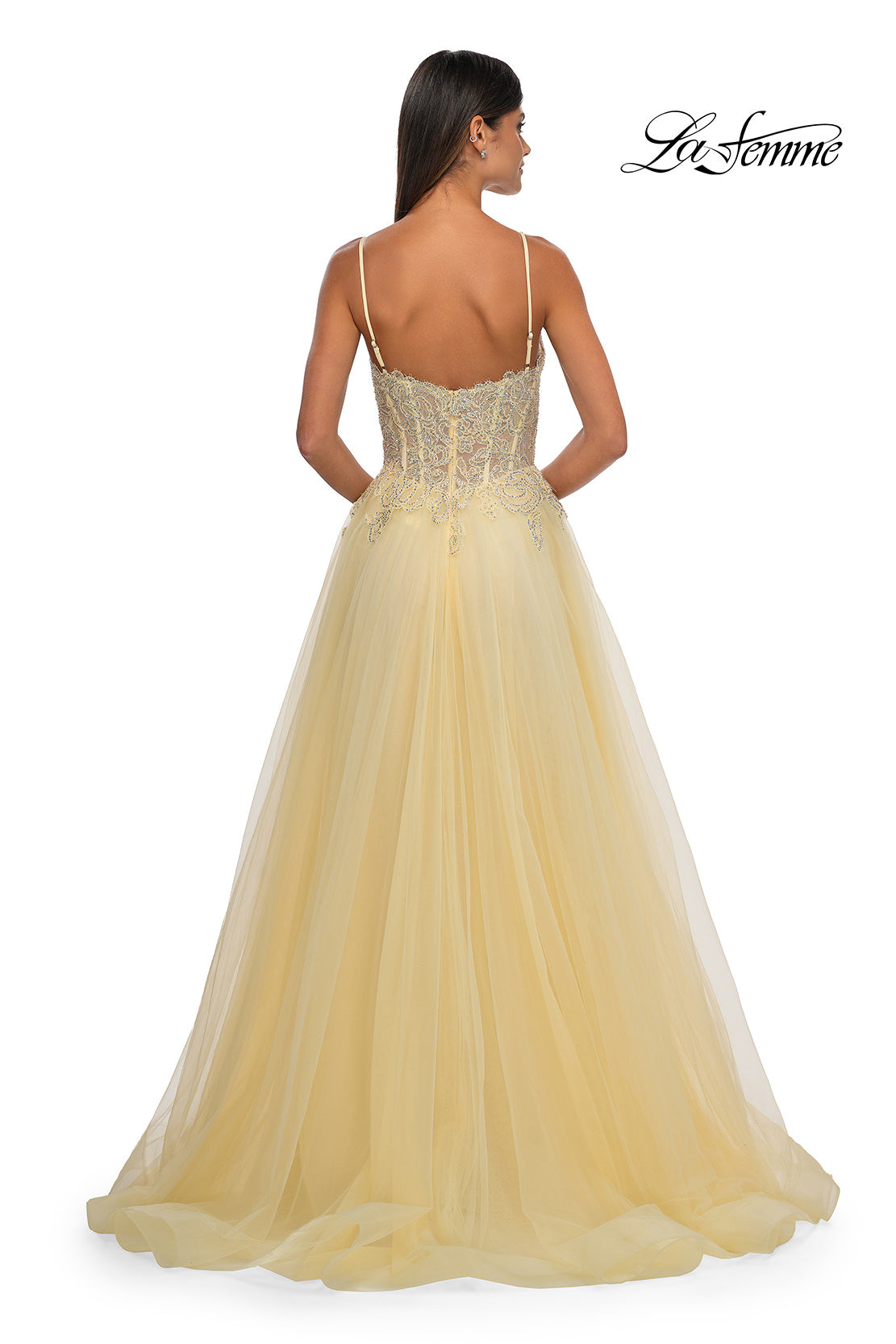 Picture of: Lace and Tulle A-line Prom Dress with High Slit in Pale Yellow, Style: 32646, Detail Picture 10