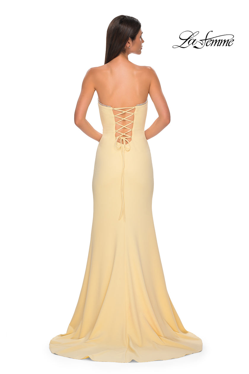 Picture of: Jersey Strapless Dress with Sweetheart Rhinestone Lined Neckline in Pale Yellow, Style 32829, Detail Picture 10