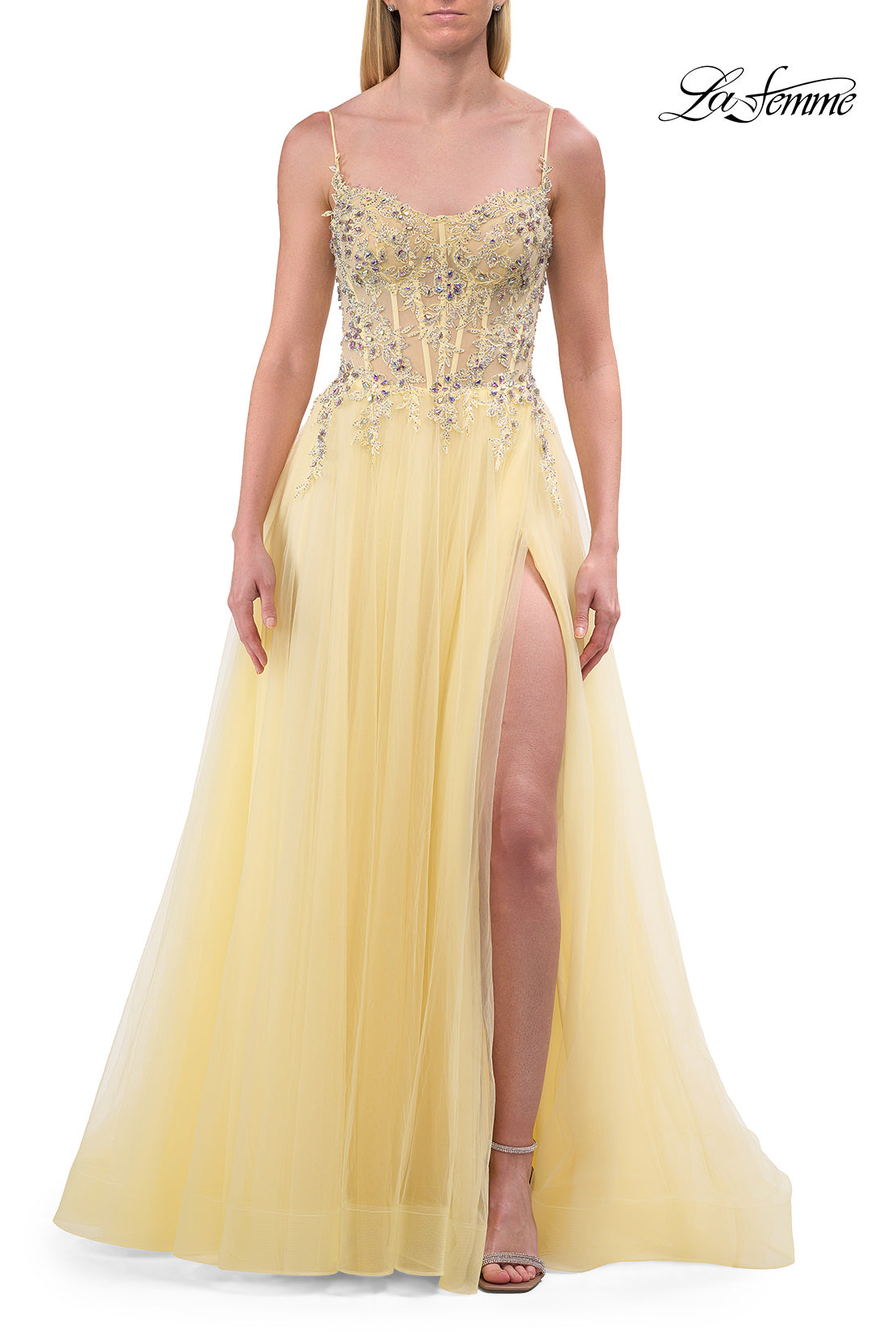 Picture of: Beaded Tulle A-Line Gown with Sheer Corset Bodice in Pale Yellow, Style: 33702, Detail Picture 10