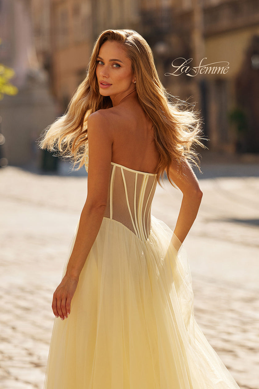 Picture of: Strapless Corset Gown with Tulle Skirt and High Slit in Pale Yellow, Style: 33491, Detail Picture 11