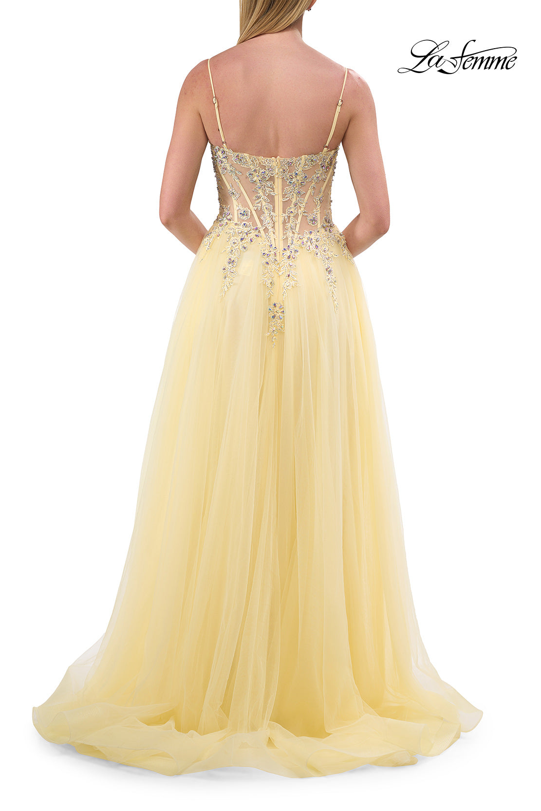 Picture of: Beaded Tulle A-Line Gown with Sheer Corset Bodice in Pale Yellow, Style: 33702, Detail Picture 11