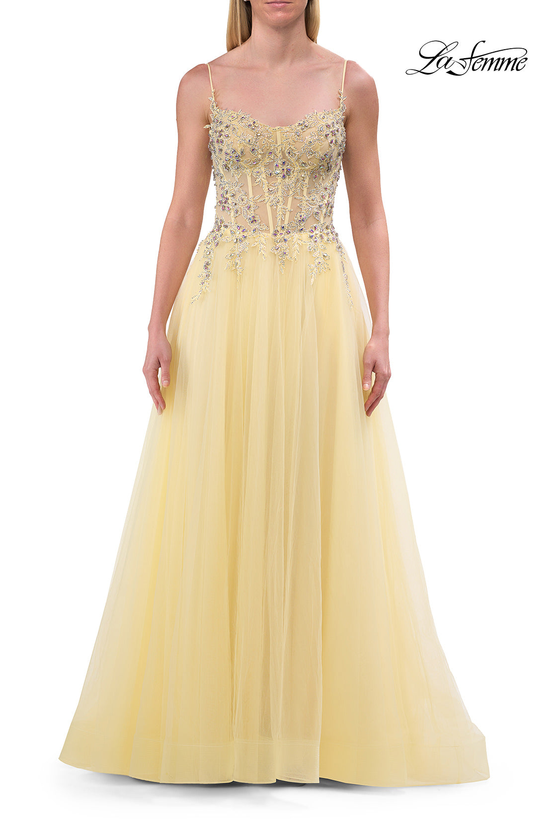 Picture of: Beaded Tulle A-Line Gown with Sheer Corset Bodice in Pale Yellow, Style: 33702, Detail Picture 12