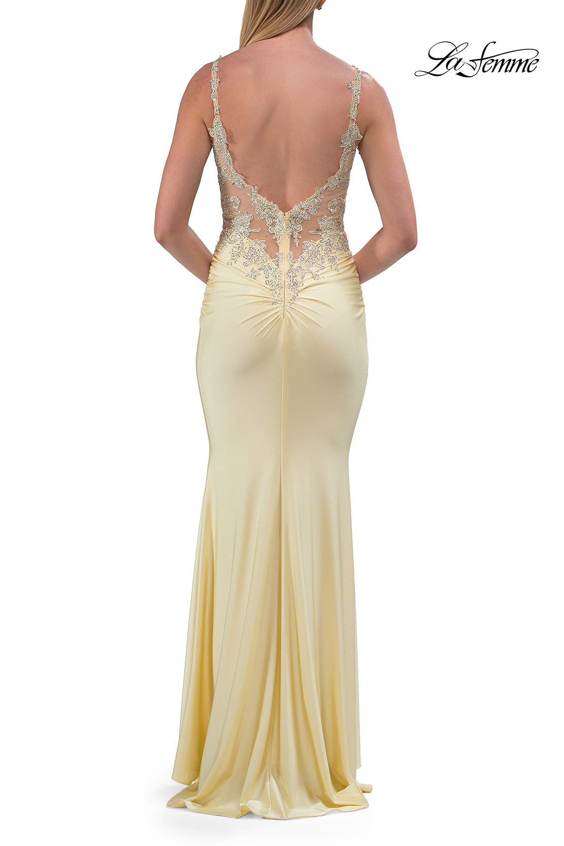 Picture of: Rhinestone Lace Illusion Gown with Low Back in Pale Yellow, Style: 33731, Detail Picture 12