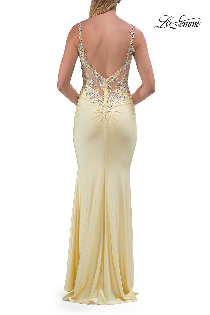 Picture of: Rhinestone Lace Illusion Gown with Low Back in Pale Yellow, Style: 33731, Detail Picture 12