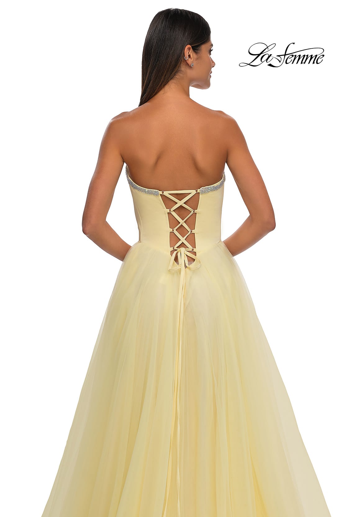 Picture of: A-line Tulle Dress with Satin Top and Rhinestone Neckline in Pale Yellow, Style: 32731, Detail Picture 13