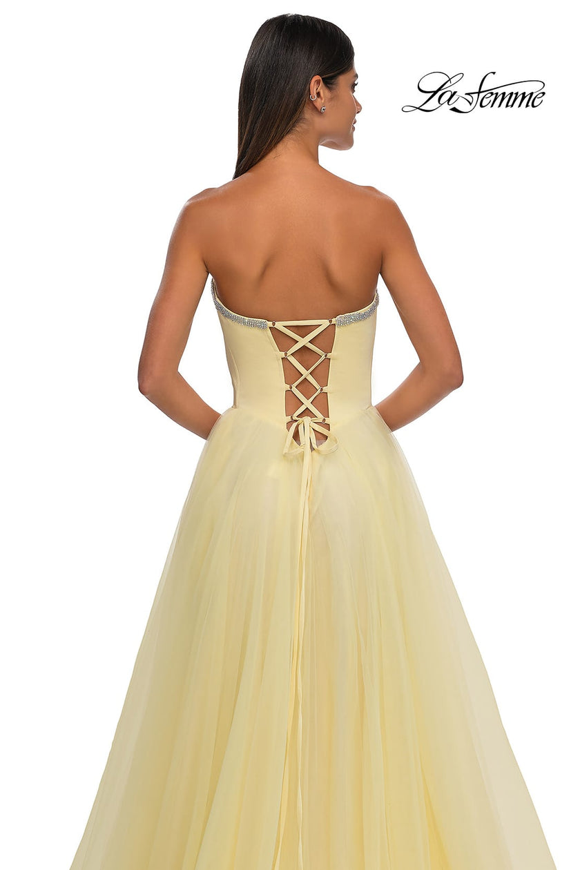 Picture of: A-line Tulle Dress with Satin Top and Rhinestone Neckline in Pale Yellow, Style: 32731, Detail Picture 13