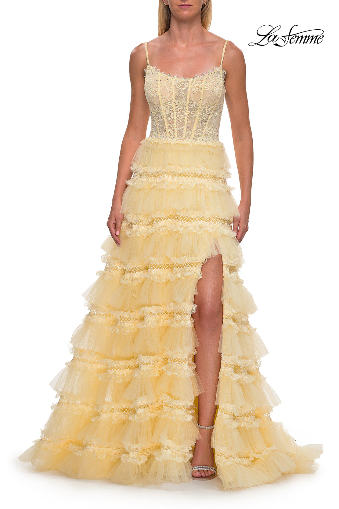 Picture of: Tiered Ruffle Gown with Beaded Bodice and High Slit in Pale Yellow, Style: 33493, Detail Picture 13