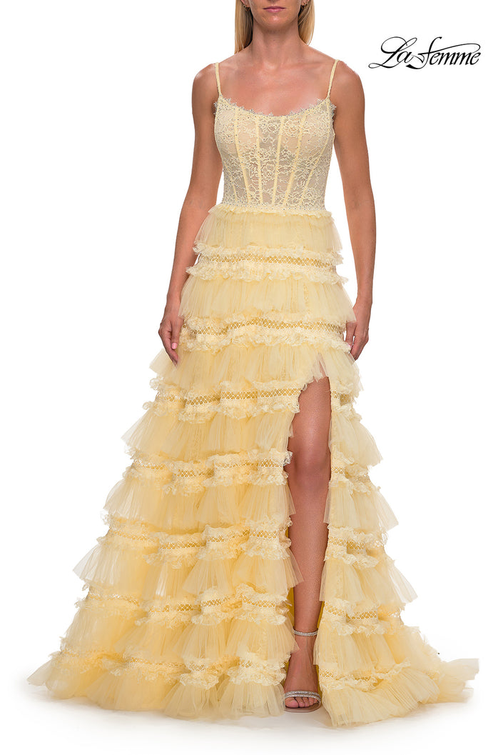 Picture of: Tiered Ruffle Gown with Beaded Bodice and High Slit in Pale Yellow, Style: 33493, Detail Picture 13
