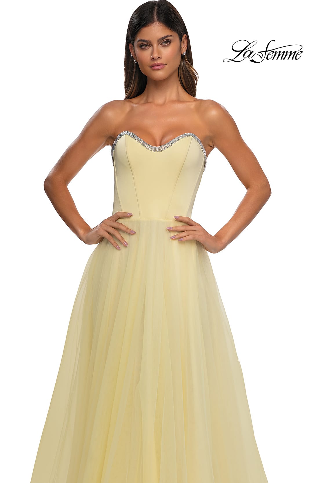 Picture of: A-line Tulle Dress with Satin Top and Rhinestone Neckline in Pale Yellow, Style: 32731, Detail Picture 14