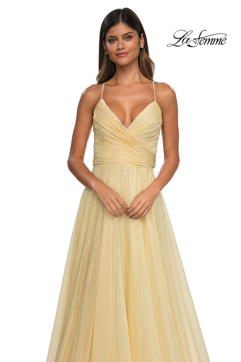 Picture of: Metallic Chiffon Prom Dress with Flowing Skirt and High Slit in Pale Yellow, Style: 33043, Detail Picture 14