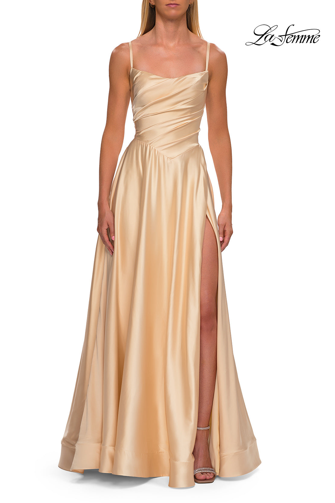 Picture of: A-Line Satin Gown with Draped Bodice, Slit, and Lace-Up Back in Pale Yellow, Style: 33373, Detail Picture 14